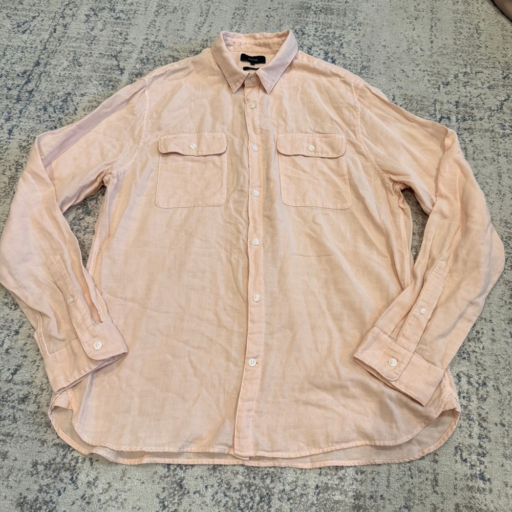 Vince Mens Classic Fit Long Sleeve Cotton Button Down Shirt Peach Pink Large
